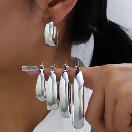 Large Big Flat Huggie Hoops Earrings - Trendy and Chunky Big Hoop Earrings for Women, Must-Have Statement Jewelry (A-Silver)