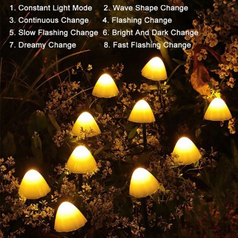 Mini Mushroom Solar Lights 8 Modes LED Waterproof String Pathway