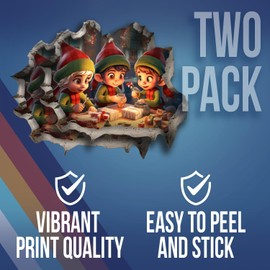 Santa's Elves Hole in Wall Christmas Art Sticker - Funny 3D Prank Peel and Stick Decal - Premium Quality Vinyl Stickers 2-Pack | 5-Inch on Widest Side | Made in USA FHJ1381
