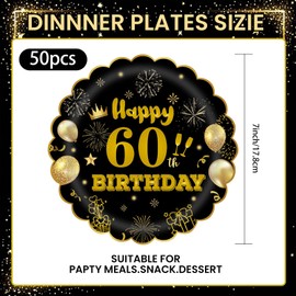 HFBOBP Pack of 50 60th Birthday Party Paper Plates, 17.78 cm Disposable Black and Gold Scalloped Dessert Party Plates Party for Wedding Anniversary Decorations