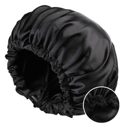 Wambere 1 x Double Layer Satin Sleep Cap, Adjustable Hair Cap, Soft Sleeping Cap, Breathable Sleep Cap, Bonnet Sleep Cap for the Night Headwear for Women and Girls, Champagne, black A