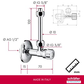 Schläfer 1437200 | Square Brass Stop Valve for Toilet Cistern 1/2 Inch, Copper Pipe Diameter 10 mm x 10 cm and Rosette Water Outlet 3/8 Chrome