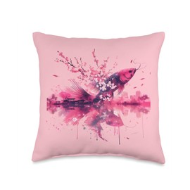Double Exposure Japanese Koi Carp Fish Sakura Cherry Blossom Throw Pillow