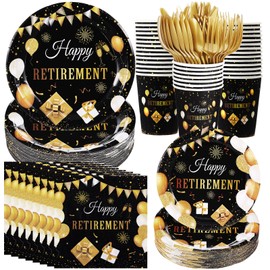 Sunnychicc 400 Pcs Happy Retirement Party Supplies Black Gold Retirement Disposable Paper Plates Napkins and Cups for Men Women Say Goodbye Decorations