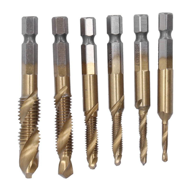 6Pcs Combination Drill Tap Bit 1/4in Hex Shank Spiral Tapping
