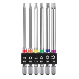 OIENNI T10-T40 Torx Screw Bit Set, 6 Pieces, 3.9 inches (100 mm), Single Head Torx, Hex Shaft, 0.25 inches (6.35 mm), Magnetic Screwdriver Bit Set, 3.9 inches (100 mm) - 6 Pcs