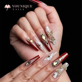 Buy 10 Get 10 Free! [Machine-Made] 24pcs Press-On Nails with Rhinestones & Flowers – French Style Glue-On Nails for Women & Girls Full Cover Shiny Glitter Long Lasting Quality:_M-CF-RD-003