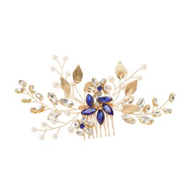 IWOWHERO Rhinestone Hair Comb for Brides Elegant Pearl and Blue Gemstone Headpiece for Weddings Proms and Special Occasions Stunning Hair Accessories for Women