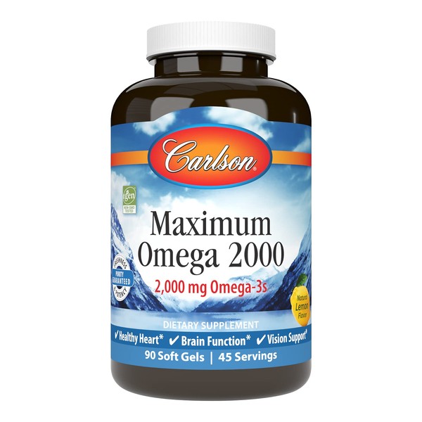 Carlson - Maximum Omega 2000, 2000 mg Omega-3s, Healthy Heart, Brain Function & Vision Support, Lemon, 90 soft gels