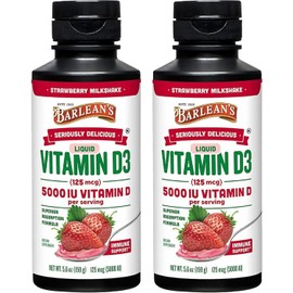 Barlean's Pack of 2 Vitamin D3 Liquid Supplement for Kids and Adults, 5000 IU Vitamin D, Strawberry Milkshake, Non-GMO, Gluten and Dairy Free, 5.6 oz Each