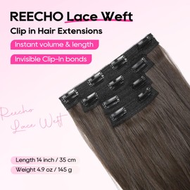 REECHO Clip in Hair Extensions, 4PCS Lace Weft Hair Extensions 14" Short Wavy Hair Extensions Invisible Hair Extensions Clip Ins Natural Soft Hairpieces for Women, Chocolate Brown