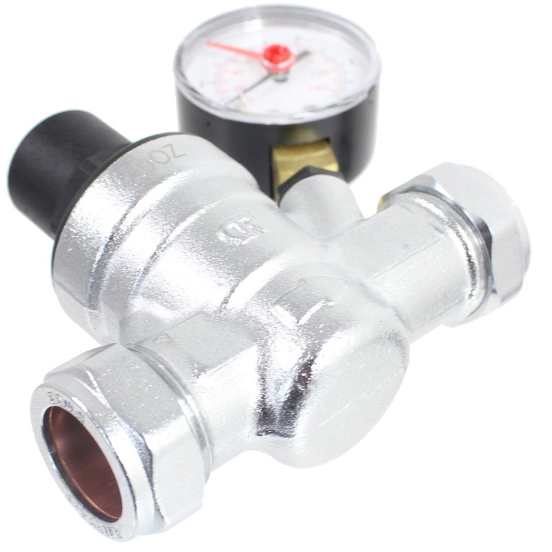 SPARES2GO Boiler Pressure Reducing Regulator Valve with Gauge for 22mm
