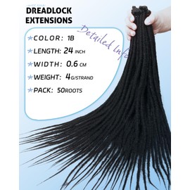 24 Inch Dreadlock Extensions 0.6 cm Width 20 Strands-Natural Black,Soft Hippie SE Dreads Synthetic Loc Extensions for Women and Men(24"-2 Packs,1B)