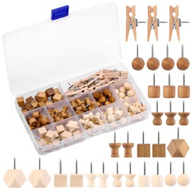 114 Pcs Wood Push Pins, 2 Colors and 7 Types Decorative Thumb Tacks Wooden Head Pin Map Tacks Marking Pin, Wood Thumb Tacks Decorative for Bulletin Boards Craft Projects with Storage Box