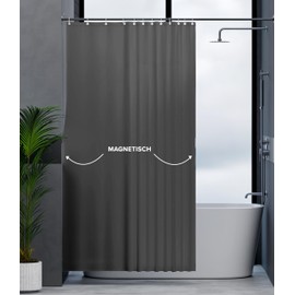 ovimar Elgafossen Magnetic Shower Curtain, Grey, Washable, Quick-Drying, Anti-Mould Shower Curtain, 240 x 200 cm, Opaque Curtain for Bath or Shower