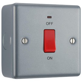 BG Electrical Cooker Switch with LED Power Indicator, Single Plate, Double Pole, Industrial Flat Profile, Scratch Resistant Steel, Metal Clad, Grey, 45A, MC574
