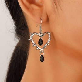 Xduargs Punk Love Heart Drop Earrings Vintage Barbed Wire Heart Earrings Black Crystal Heart Dangle Earrings Gothic Thorn Heart Statement Earrings for Women(Style A)