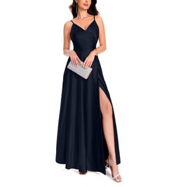 xxxiticat Women's V-Neck Spaghetti Straps Long Prom Dresses Satin A-line Bridesmaid Dresses Formal Satin Prom Evening Dresses with Slit, Midnight blue
