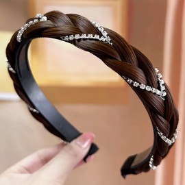 Headband 3 Strands Synthetic Hair Plaited Headband Braided Headband With Teeth Hair Band Hoop With Rhinestone Crystal Stretch Braid Headband Hairpiece Headdress for Women (Brown, Width 0.8 Inch)