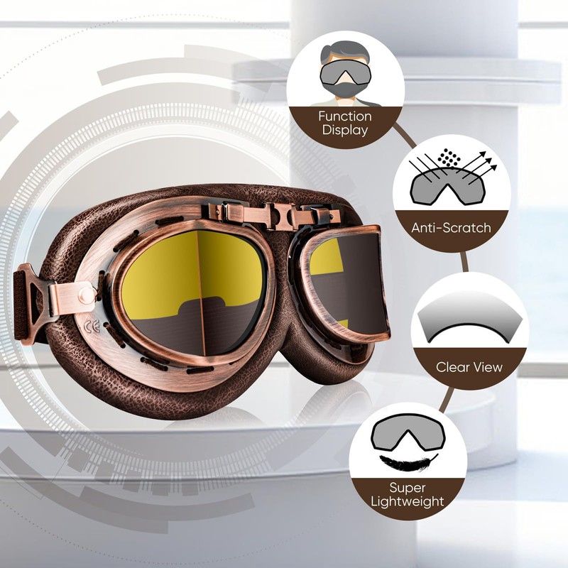 Yecream Vintage Motorcycle Helmet Goggles Retro Pilot Style Aviator Goggles