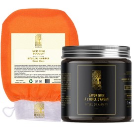 Kessa Exfoliating Body Scrub Glove + Eucalyptus Black Soap – Moroccan Kessa Glove for Hammam Sauna, Removes Dead Skin and Purifies Skin