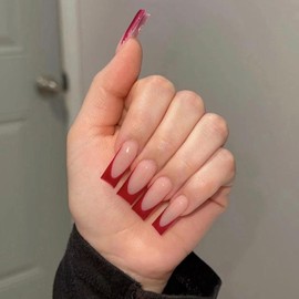 24Pcs Red French Tip Press on Nails Long Coffin Fake Nails Reusable False Nails Kit Acrylic Coffin Nails Press ons Artificial Glue on Nails Nude Full Cover Stick on Nails for Women Girls