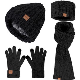 Women Beanie Scarf Gloves Headband Set for Winter, Chenille Beanie Hats Ear Warmer with Fleece Lined Long Knit Wrap Neck Scarf Touchscreen Gloves, Fashionable 4 In 1 Warm Gift Set for Cold Weather-09