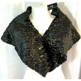 SLNY Black / Gold Sequin  FAUX FUR CAPE BOLERO STOLE CAPE SHRUG WRAP SCARF NWT
