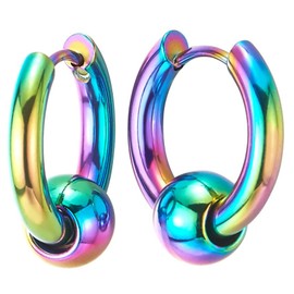 Steel Oxidized Rainbow Colorful Circle Beads Huggie Hinged Hoop Earrings for Men Women, 2pcs(CA)