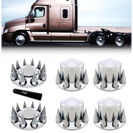 TORQUE Chrome Front and Rear Axle Complete Wheel Cover Set 33mm Spike Screw-on Lug Nut Covers for Semi Truck (Installation Tool Included) Spiked Hub Caps Kit (2 Front & 4 Rear) (TR571)