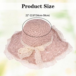 Women Straw Hat with Lace Girl Summer Wide Brim Sun Hat Foldable Beach Travel Roll Up Cap Elegant Crochet Straw Hat (US, Alpha, One Size, Pink)