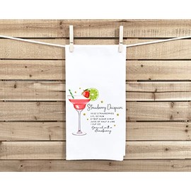 Strawberry Daiquiri Recipe Kitchen Towel with Hanging Loop - 100% Cotton Flour Sack Hand Towels - Home Bar Decor - Housewarming Hostess Birthday Christmas Thanksgiving Mother's Day Gift