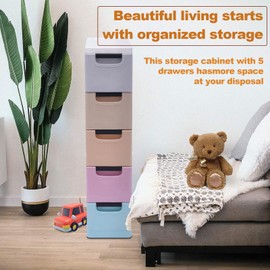 PIAOCAIYIN 5 Drawer Storage Organizer, Plastic Drawer Storage, Narrow Dresser Storage Tower, Clothes Toys Organizer Storage w/Wheels, Flexible Movement, Closet Storage Cabinet -Light Mixed Colors