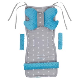 Medi Partners Universal Seat Cover for Pushchairs and Buggies, Seat Insert, Pushchair Seat Cover, Pushchair Set, Belt Pad plus Play Arch, MINKY Cotton, 5 Pieces, Stars with Turquoise Minky