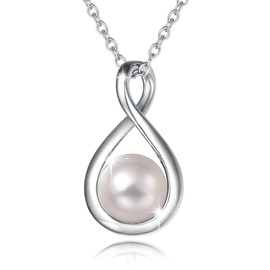 FANCIME White Pearl Necklace June Birthstone Necklace for Women, 925 Sterling Silver Dainty Infinity Pendant Fine Jewelry Birthday Christmas Gifts for Women Her Mom Daughter, 16+2 Inch