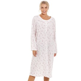 Camille Ladies Long Sleeved Nightdress - Rose Print Womens Nightwear - Nightie with Round Neck Button Fastening Pink 10-12