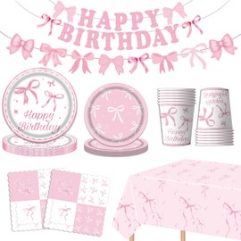 99PCS Pink Bow Birthday Decorations Supplies,Bow Party Decorations Include Bow Plates Napkins Cups Banner Tablecloth Tableware for Girl Women Pink Birthday Baby Shower Bachelorette Decoration,Serve 24