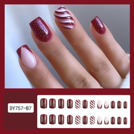 Christmas Glitter French Tip Press on Nails Short Square Fake Nails with Red and White Stripes Designs Red Glitter False Nails Xmas Winter Glue on Nails Artificial Stick on Nails for Women Girls 24Pcs