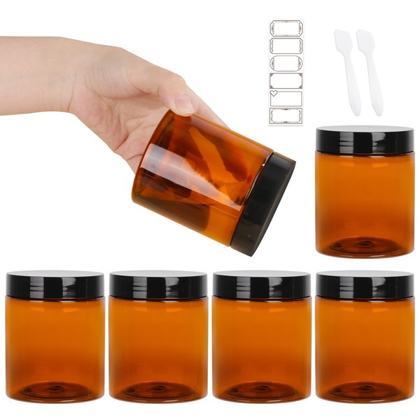 AuroTrends 8oz Amber Plastic Jars with Lids 6Pack, Salve Containers