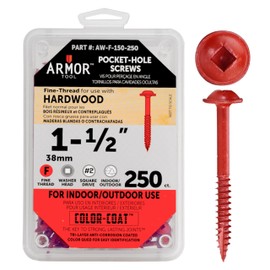 ARMOR TOOL Pocket Hole Screws - 1-1/2" Fine Thread Joinery Screws 250 Pack with Red Color Coat & Square Drive - AW-F-150-250