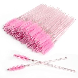 SWKJ 60 PCS Disposable Eyelash Brushes, Eyebrow Spoolies, Mascara Wands Applicator Lash Brushes Castor Oil Brush Cosmetic Makeup Tools(Crystal-pink)