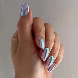 Pink Blue Ombre Press on Nails Medium Almond Fake Nails Chrome Gel Magnet Cat Eyes Glossy Glue on Nail Purple Glitter Shiny Stick on Nail Short Oval False Nail for Women Manicure 24Pcs