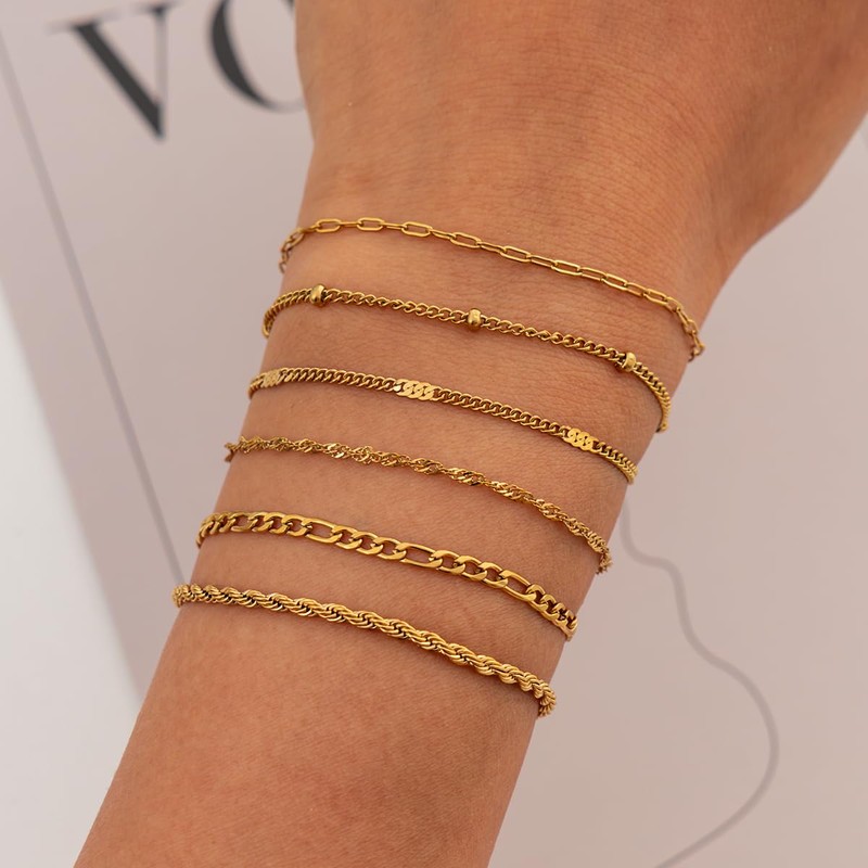 KunJoe Dainty Gold Chain Bracelets for Women Stack, Gold Jewelry
