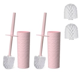 AstraLoom 2-Pack Toilet Brush and Holder Set with 2 Splash Guard Handles, 4 Soft Flexible Bristle Heads & 2 Sturdy Anti-Slip Odor-Proof Base (Pink)