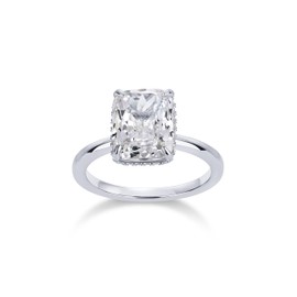 PAVOI Rhodium Plated Emerald Cut Cubic Zirconia Engagement Ring for Women | Trendy Solitaire Promise Jewelry | Fake Wedding Ring | Size 6, White Gold, Cubic Zirconia