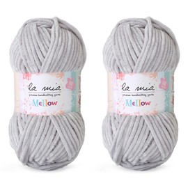 2 Skein La Mia Mellow Velvet Chenille Yarn for Knitting and Crocheting Baby Clothes, Blankets and Accessories, 100% Polyester, 100 gr (3.5 oz) / 115 m (125 Yards), Super Bulky, Light Grey - 942