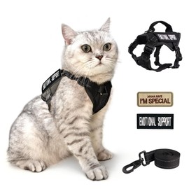 Tactical Cat Harness and Leash Black for Walking Esacpe Proof, Adjustable Soft Mesh Large Cat Vest with Handle Easy to Control,Molle Patches L
