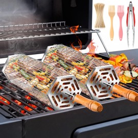 5PCS Grill Baskets For Outdoor Grill,Upgrade Buckle Rolling Nesting Grill Baskets,BBQ Accessories Tools Set With Brush,Tongs For Vegetables Camping,Birthday Gifts For Men Dad Husband,Fathers Day
