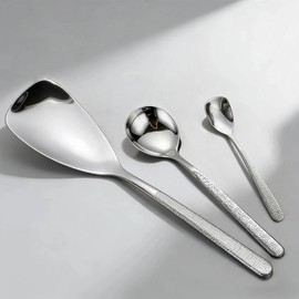 3 PCS Stainless Steel Spoon Set, Mirror Metal 10.5" Serving Spoon, 8" Soup Spoon and 6" Dessert Spoon, Dishwasher Safe, Heat-Resistant Home & Kitchen Cooking Utensil for Stirring, Ice Tea & Sauce