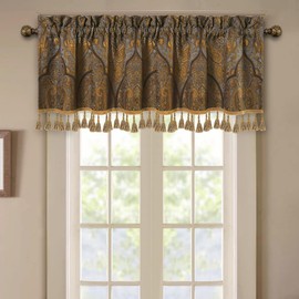 Loom and Mill Luxury Jacquard Valances for Bedroom Kitchen, Classic Bronze Gold Antique Living Room Window Curtain Valance with Tassels, Rod Pocket Blackout Short Curtain 1 Panel, 54” x 18”